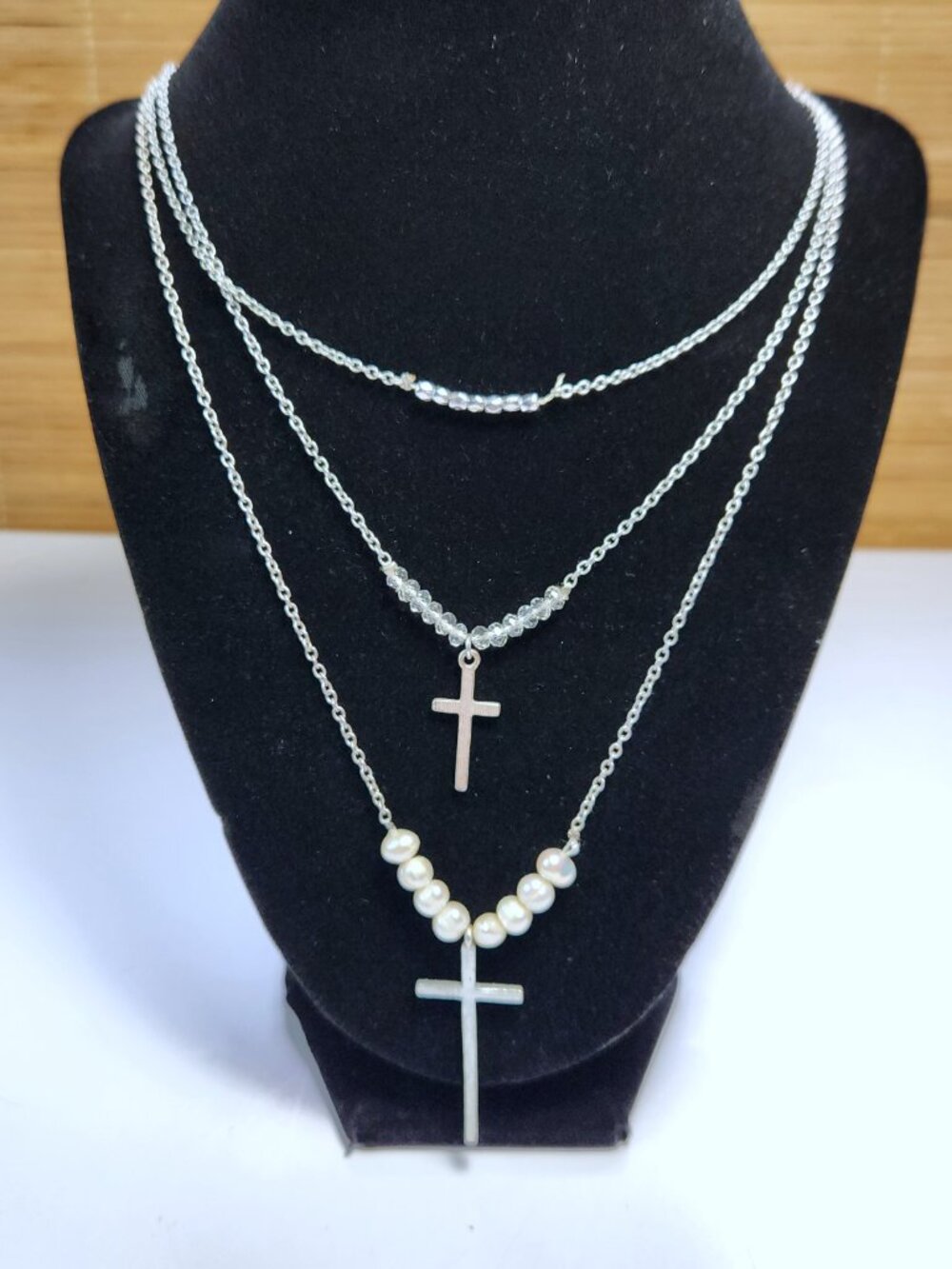 Layered Cross Necklace Silver Tone Faux Pearl Multi Strand Christian Jewellery